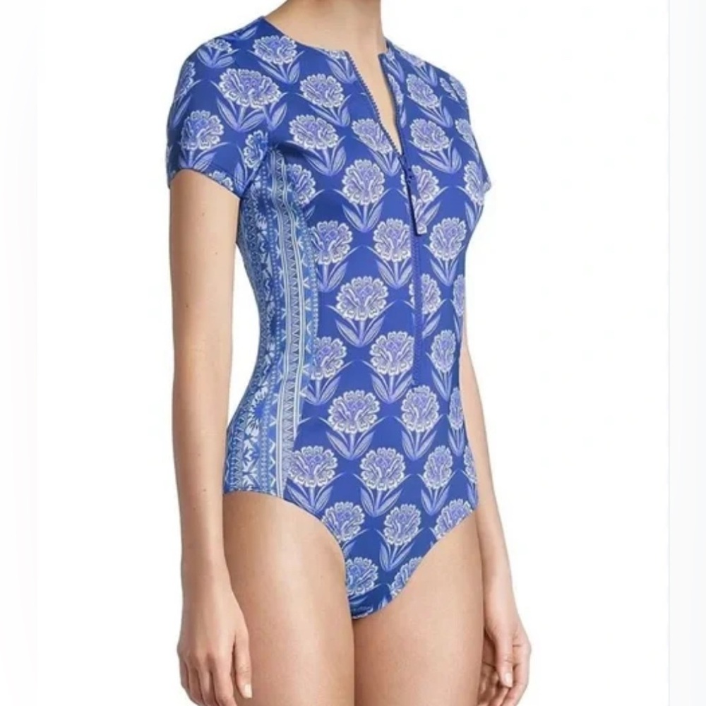 Johnny Was Blue Floral Short-Sleeve One-Piece Swimsuit